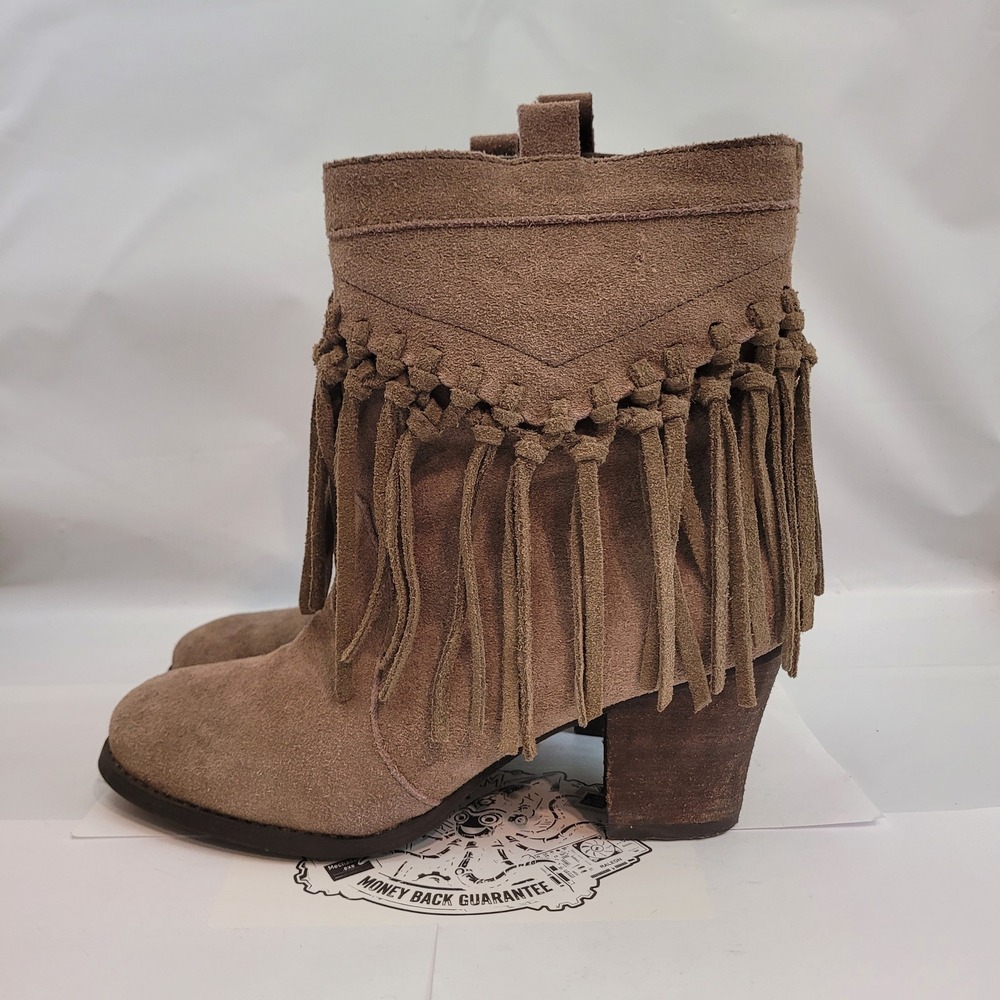 Sbicca Fringe Ankle Boots Womens 8.5 Suede Boho Western Brown Block Heel
